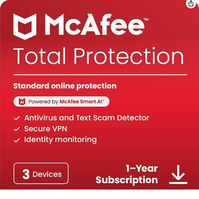 McAfee Total Protection 3-Devices 2026 | Security Software Includes Antivirus, VPN, Scam Protection, Identity Monitoring | 1-Year Subscription with Auto-Renewal | Digital download